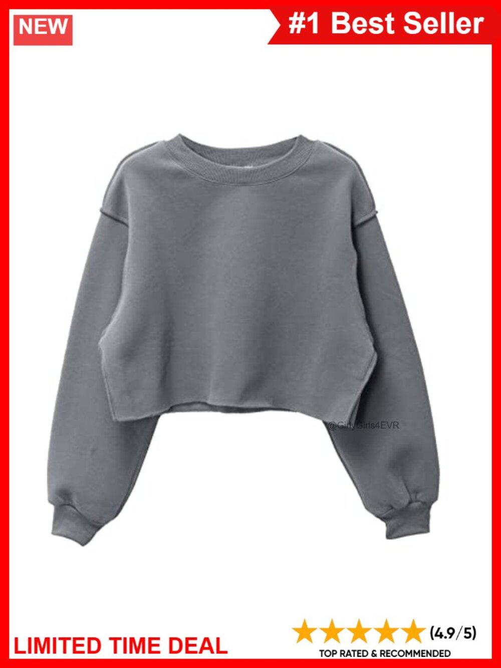 Fleece Lined Cropped Crewneck Sweatshirt Raw Cut Hem Relaxed Fit